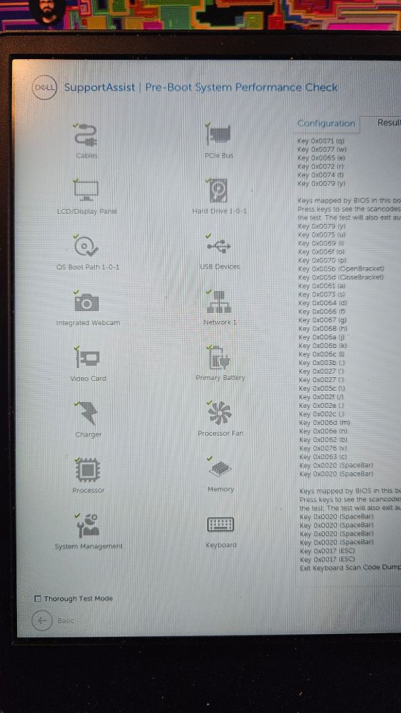 foto de uma tela mostrando o sistema da Dell para teste dos componentes do notebook. vários componentes são listados, todo com ícone de sucesso no teste. ao lado há também logs de teste de teclas de teclado. 