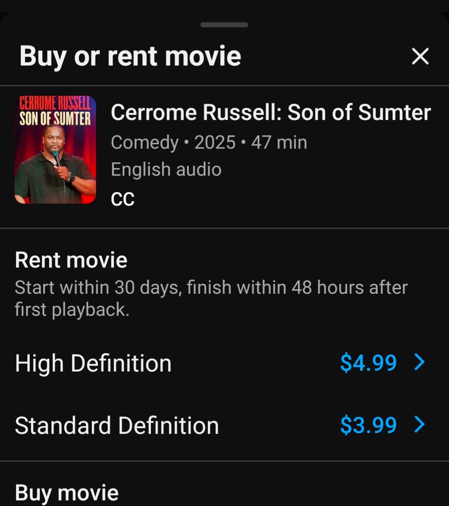 Screenshot of YouTube screen showing the Cerrome Russell comedy special, "Cerrome Russell: Son of Sumpter" available for rent or purchase