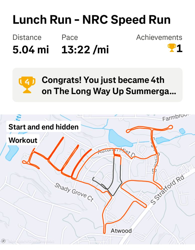 Screenshot of Strava running workout map. 5.04 mi at 13:22 pace. 