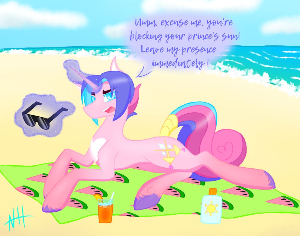 A drawing of Prince Florence, a pink male unicorn with long purple bangs, blue eyes, purple hooves, and a light pink heart fur pattern on his chest. He's laying down on a lime green beach towel with a simple watermelon pattern on it, with an orange drink and sunscreen next to him. He's levitating his sunglasses off his face and staring at the viewer with a judgmental look saying "Umm, excuse me, you're blocking your prince's sun! Leave my presence immediately!". Artwork by The Great Lucario 🎨