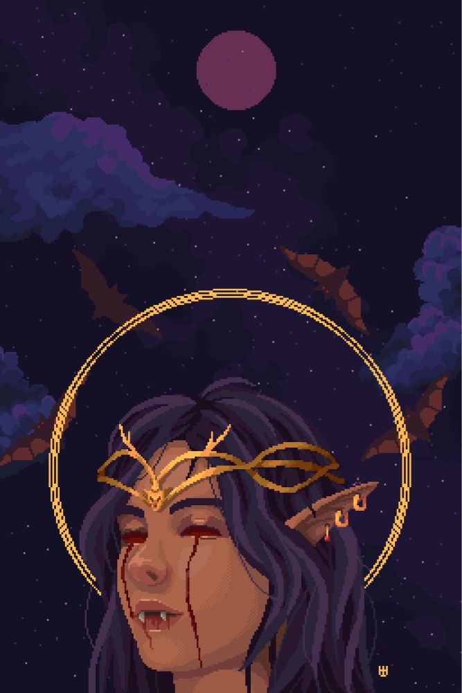 A vampire elf surrounded by a halo and bats under a pink moon