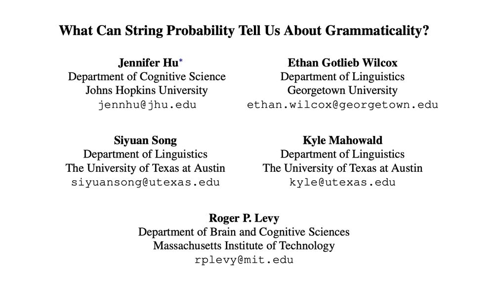 Screenshot of paper title and list of authors. The title of the paper is: "What Can String Probability Tell Us About Grammaticality?" The authors are: Jennifer Hu, Ethan Gotlieb Wilcox, Siyuan Song, Kyle Mahowald, and Roger P. Levy.