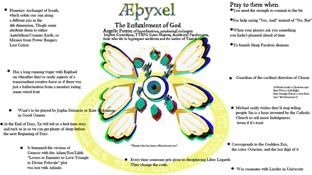 An illustration of a floating Rainbow Eye with six wings and a bunch of floating green Menger sponges with chromatic aberration, the angel is surrounded with text which due to length is transcribed in the replies