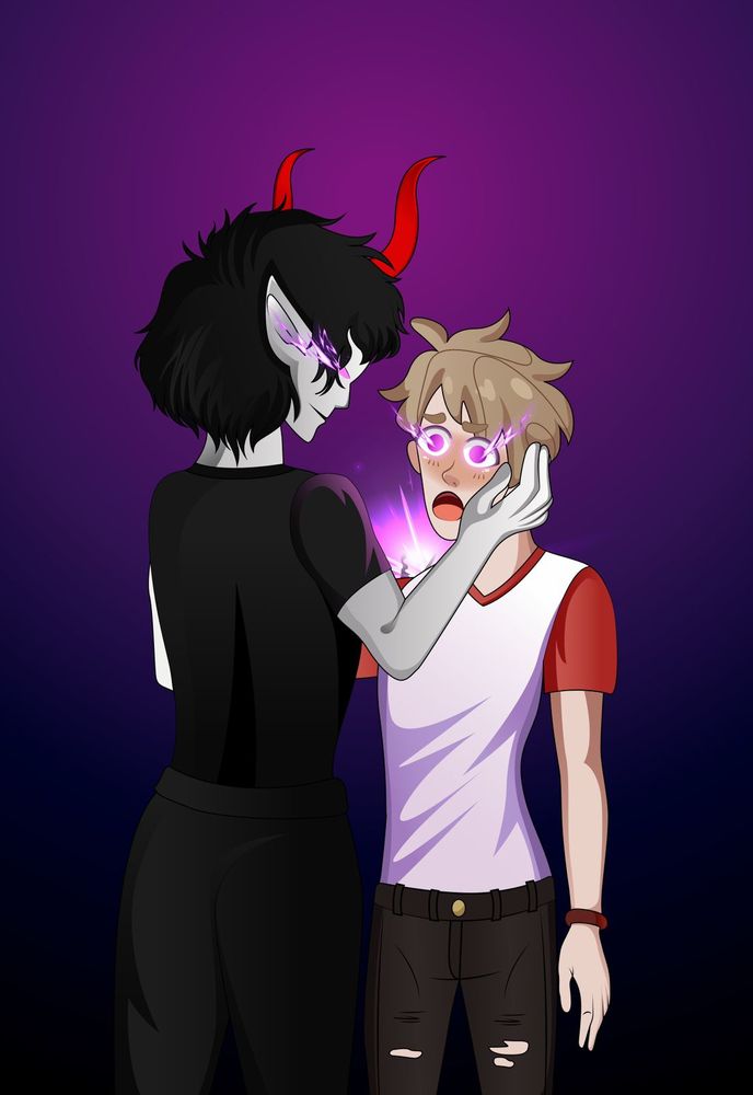 A grey-skinned, black-haired alien with horns holding a shorter, blonde man's cheek. A purple glow emanates from the alien's eyes, hypnotising the shorter man.