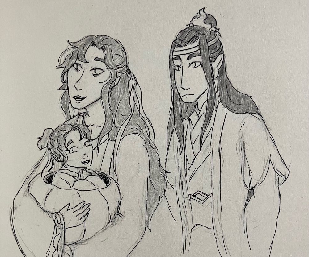 pen and pencil drawing on paper of Wei Wuxian (as the Yiling Laozhu), Wen Yuan, and Lan Wangji from Mo Dao Zu Shi. Wei Wuxian is on the left side, walking in front of Lan Wangji and holding a carved out pumpkin against his stomach that Wen Yuan is sitting in. Both smile and look back at Lan Wangji, though Wen Yuan is facing him and Wei Wuxian is looking vaguely over his shoulder. Lan Wangji is following behind and looking at Wei Wuxian with a neutral expression, but his brows are slightly furrowed. His arms are behind his back, and he's leaning very slightly forward. 