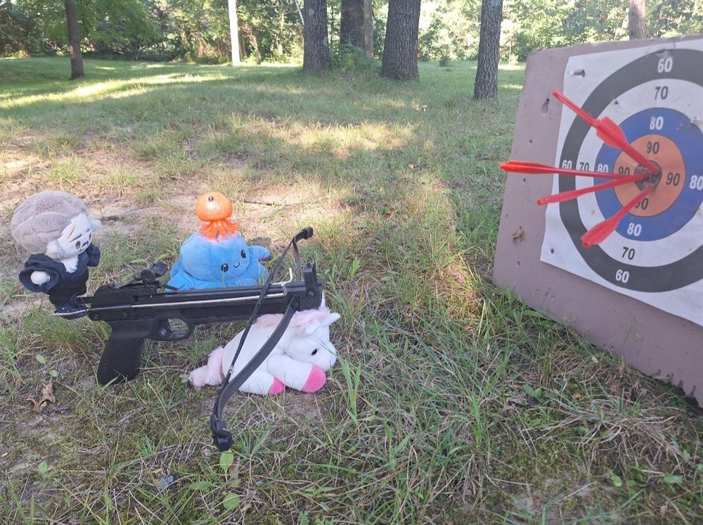 Lil Izzy doll getting a bunch of bullseye with a crossbow