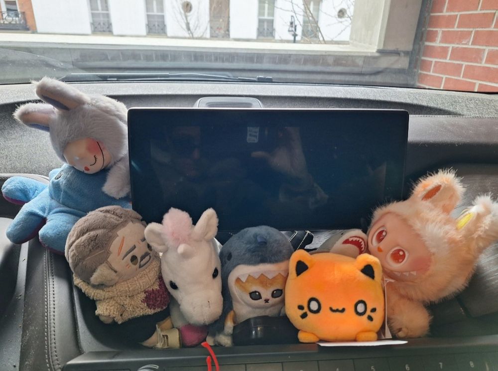 A Grey lafufu on a stede blue octopus plush, an Izzy doll, unicorn, sharknyan, orange meowchi by tasty peach, a shark cat toy and an orange lafufu on a car dashboard 
