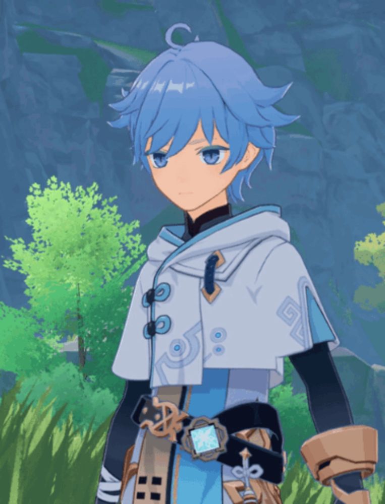 a blue haired anime character with a sword in his belt