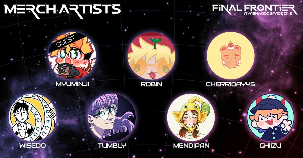 A graphic titled Merch Artists featuring the icons of the listed creators, Myuu being the guest artist.