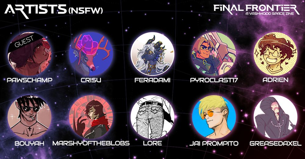 A graphic titled Artists (NSFW) featuring the icons of the listed artists, Paws being the guest artist.