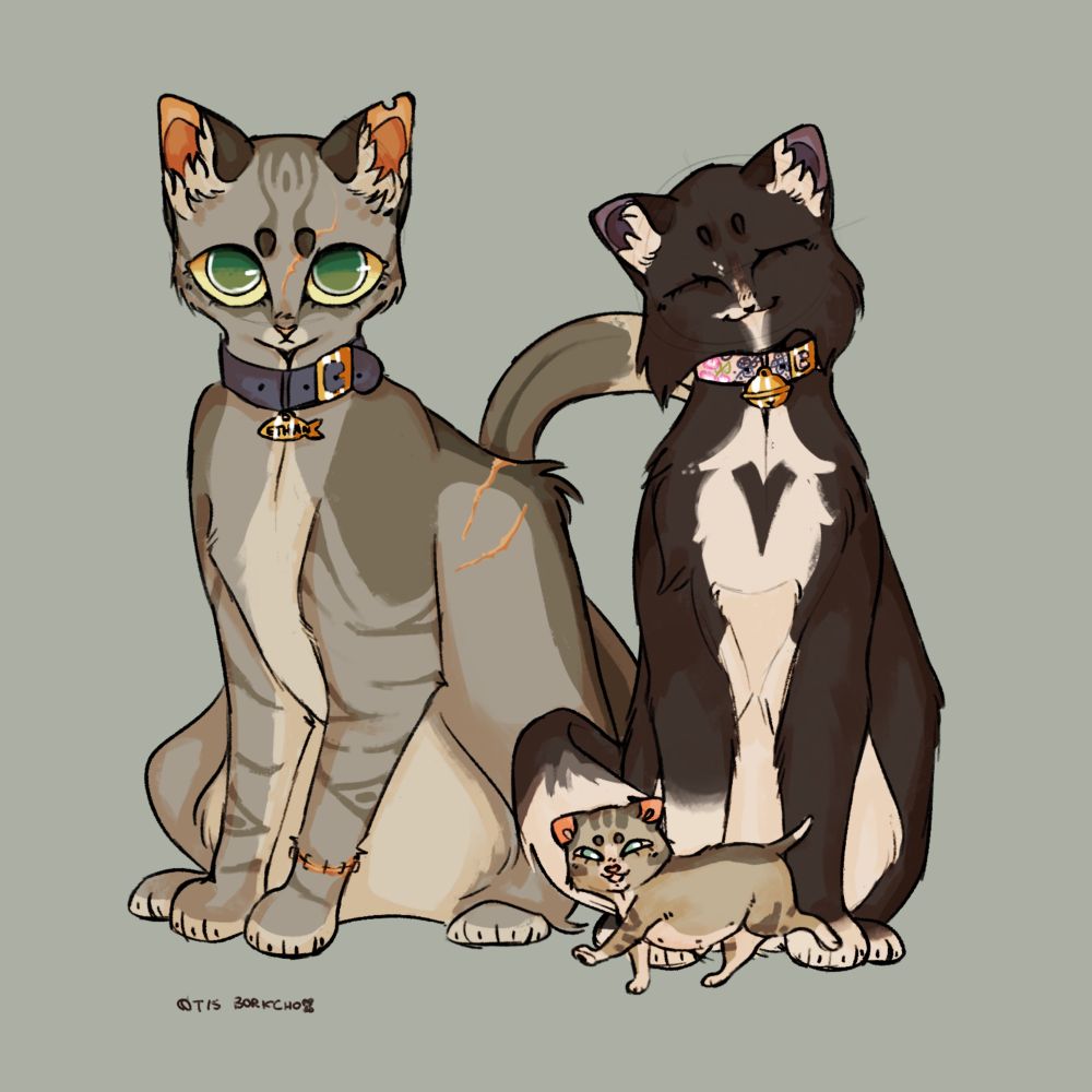 Mia Winters, Ethan Winters and Rosemary Winters from the resident evil games as cats.