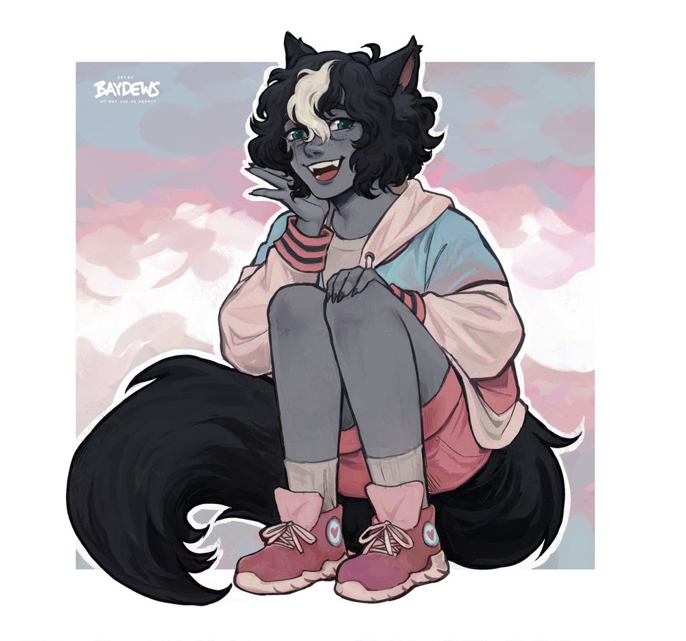 drawing of a miqo'te called Erih, crouching while wearing modern sneakers, pink shorts, and a hoodie with soft blue and pink colors on white resembling the transgender flag. he has grey skin, teal eyes and wavy black hair with a shock of white at the bangs, and he grins as his large black tail curls around him