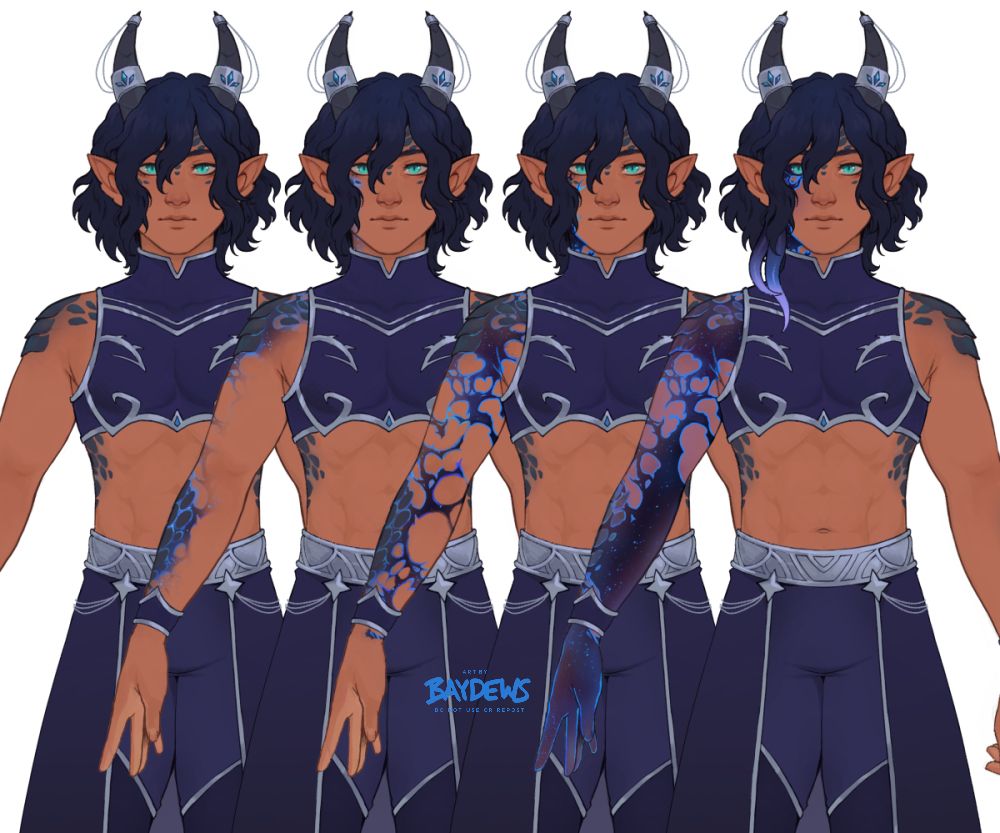 reference sheet depicting a humanoid visage dracthyr with tan skin, dark blue hair and scales, and striking blue eyes. he wears a blue outfit with a crop top, knee-high boots and silver decorations. there are signs of his physique being changed by his usage of void magic prominently around his scales, which glow with a bright blue beneath them, the four stages from neutral to most "corrupted" show a potential roadmap of the change he is about to go through should he continue using this power