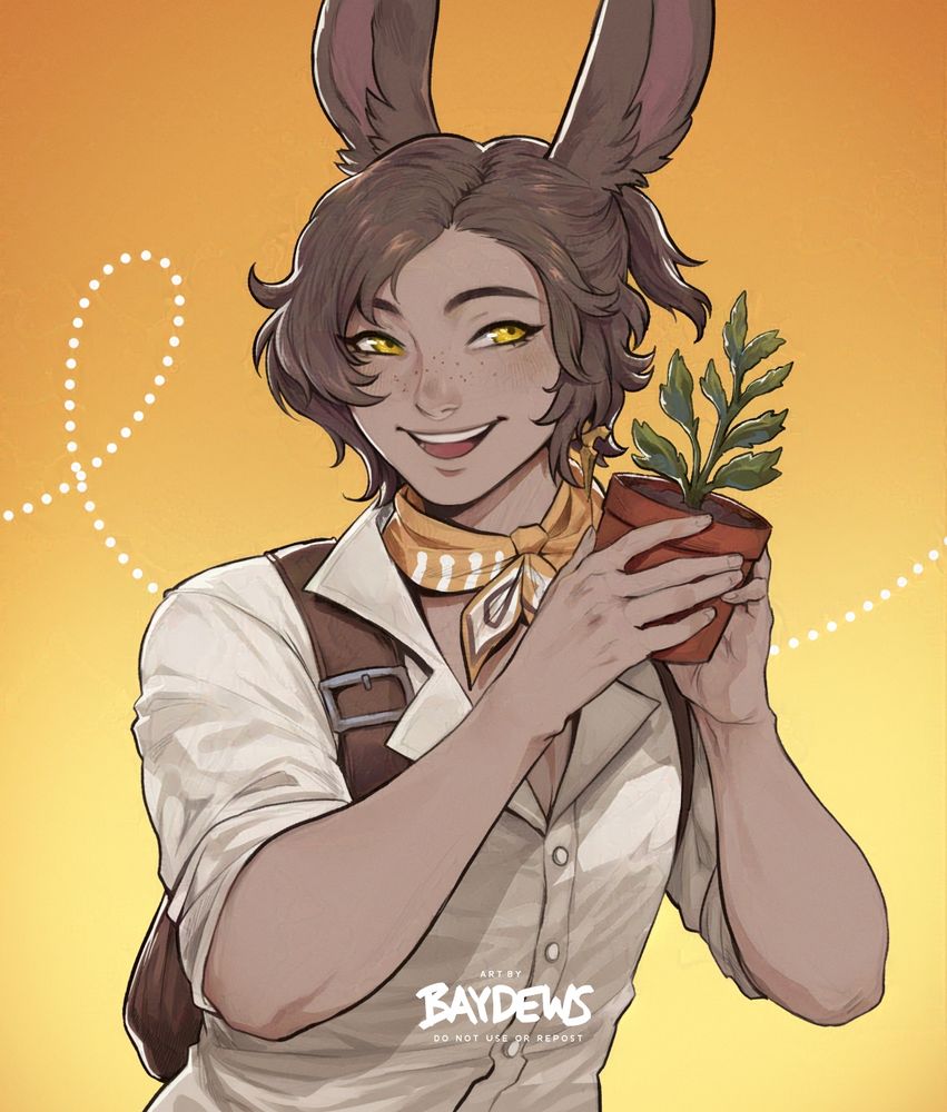 Skeb style colored artwork of a tan freckled viera with brown hair and golden eyes, happily showing off a green plant sprout in his hands