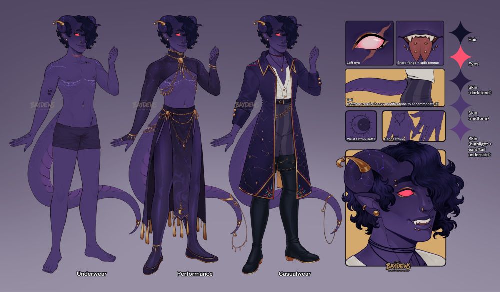 reference sheet for a purple tiefling called Ezra. he is a trans man with a mix of infernal and draconic heritage, his purple skin fading into a lighter shade from his horns down which are tattooed with luminescent ink with the motif of constellations. his outfits are a variation of purples with many gold jewelry, piercings and ornaments.