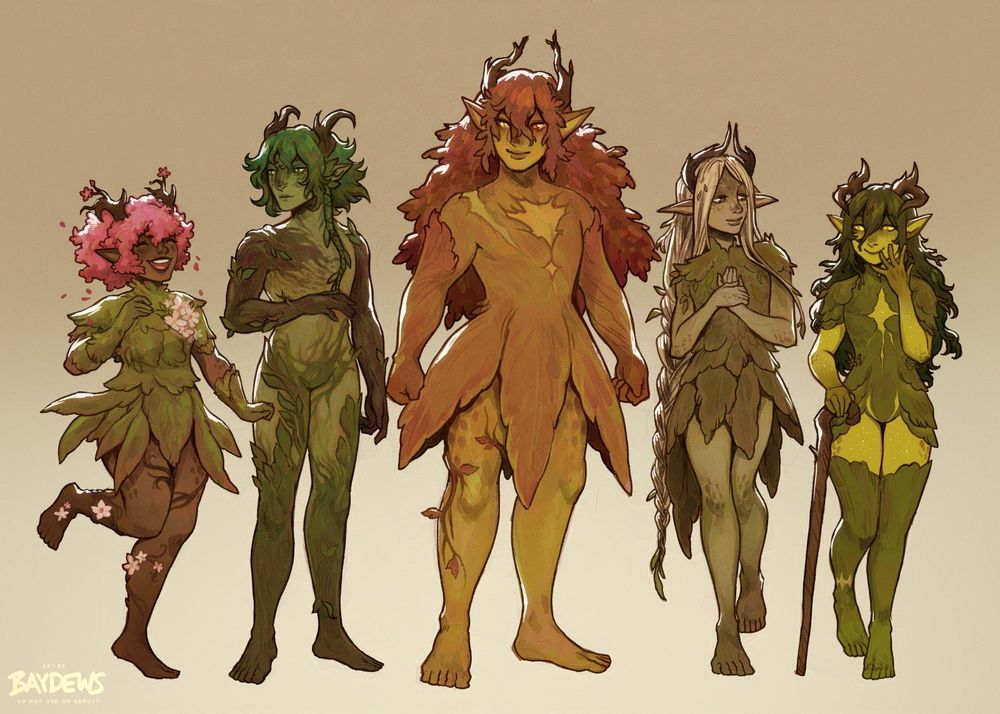 illustration of five dryads lined up next to each other, each with different traits and looks with some overlap due to their shared heritage which consists in hues found in nature on their skin and eyes that have glowing pupils, plant-like outfits and nature all over their bodies in the form of roots, vines, grass and leaves. starting from the left, one has bushy pink blossoms for hair and vines with white flowers for decoration along with a standard leaf-like dress, the next has short green hair with one long braided strand, the next is tall and well built, orange in hue, reminiscent of a tree in autumn, the third has pale braided vines for hair and the last one has long green grass-like hair and bright yellow freckles, carrying a cane to support their mobility due to a lasting injury on their ankle signified by a scar