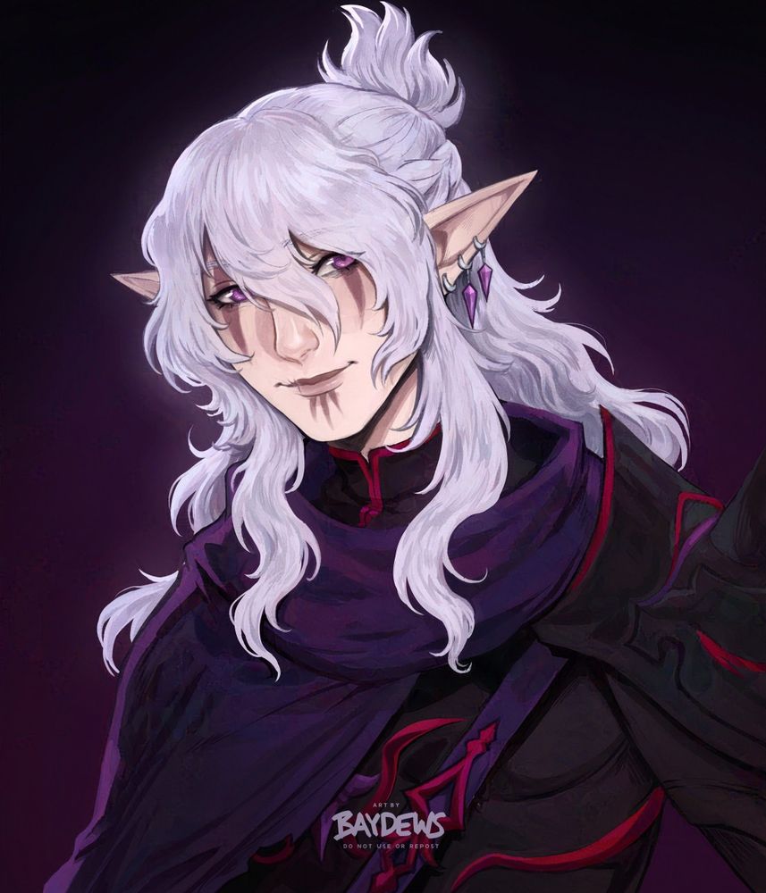 painterly portrait of an elf with pale skin, long white hair and purple eyes. he wears a dark purple cloak and armor with red trimmings and glances towards the viewer with a faint smile