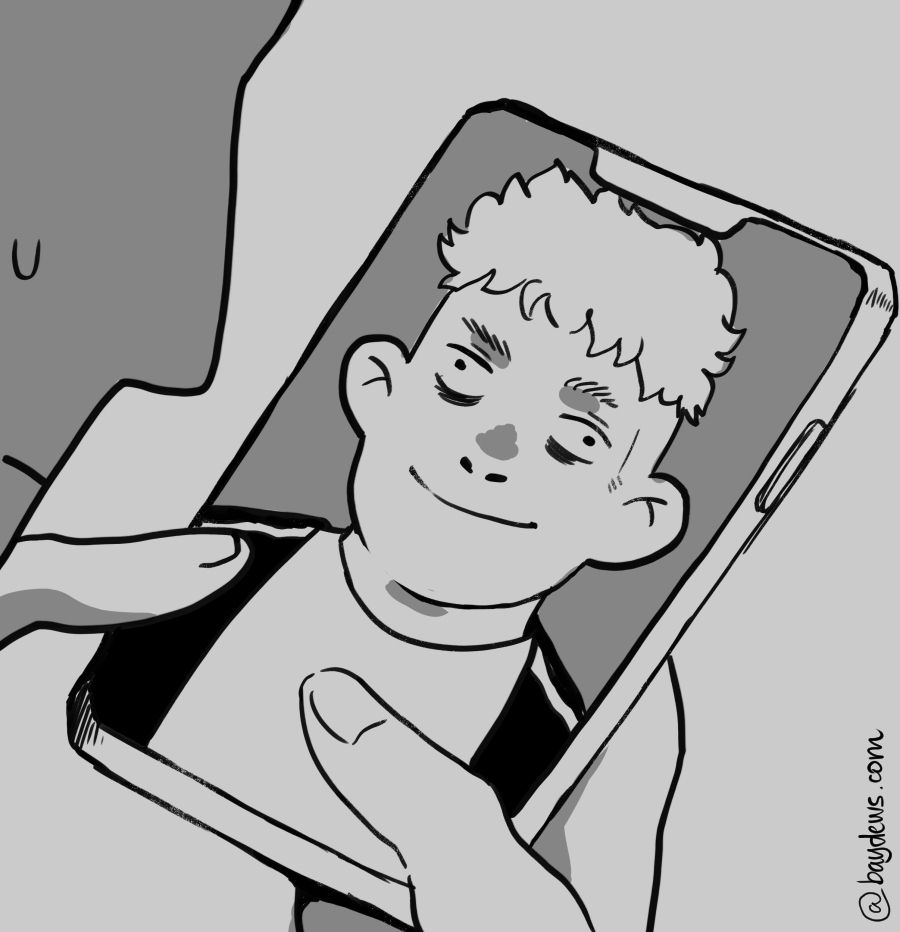 black and white sketch depicting a guy checking the selfie after it is taken, only to realize he looks way worse than he appeared in the front facing camera at first