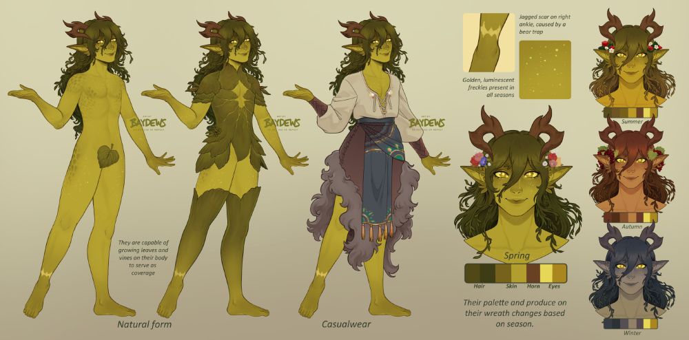 reference sheet for a dryad called Fern. they have green skin with yellow freckles all over, yellow eyes, and long green hair akin to vines and full of leaves. they have a par of horns resembling wood in texture, and the sheet shows them bare, covered with leaves, and a casual wear with a white shit and fur loincloth for extra comfort. a part of the design shows their seasonal color variations for spring, summer and winter, where they grow flowers, strawberries or grapes in their hair, remaining barren for the winter months. their most prominent features are their yellow freckles that remain the same color and brightness each season, and their jagged scar around their right ankle caused by a bear trap.