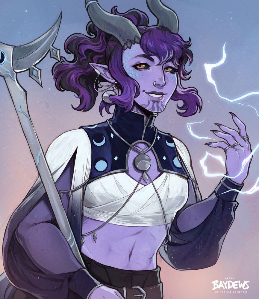 skeb commission depicting a nonbinary tiefling with light purple skin, black and purple hair and teal-rimmed orange eyes with black sclera. they have light blue scales circling their eyes, a tattoo that runs down from their chin to their throat, and they wear a white crop top with baggy sleeves dyed to fade into a dark blue with a vest of the same color with motifs depicting the moon phases. they raise a hand to conjure lightning magic and smile confidently.