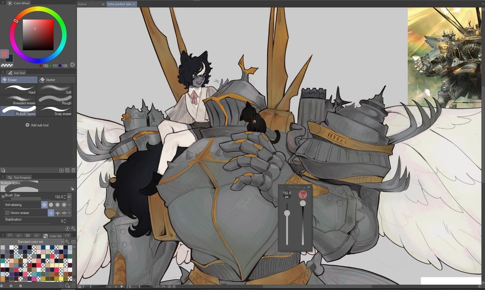 a work in progress shot from the game final fantasy 14 of a miqo'te sitting on perfect alexander's shoulder