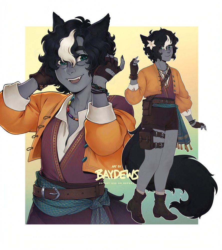 A grey catboy with black and white hair, smiling happily, wearing a colorful, patterned adventurer gear.