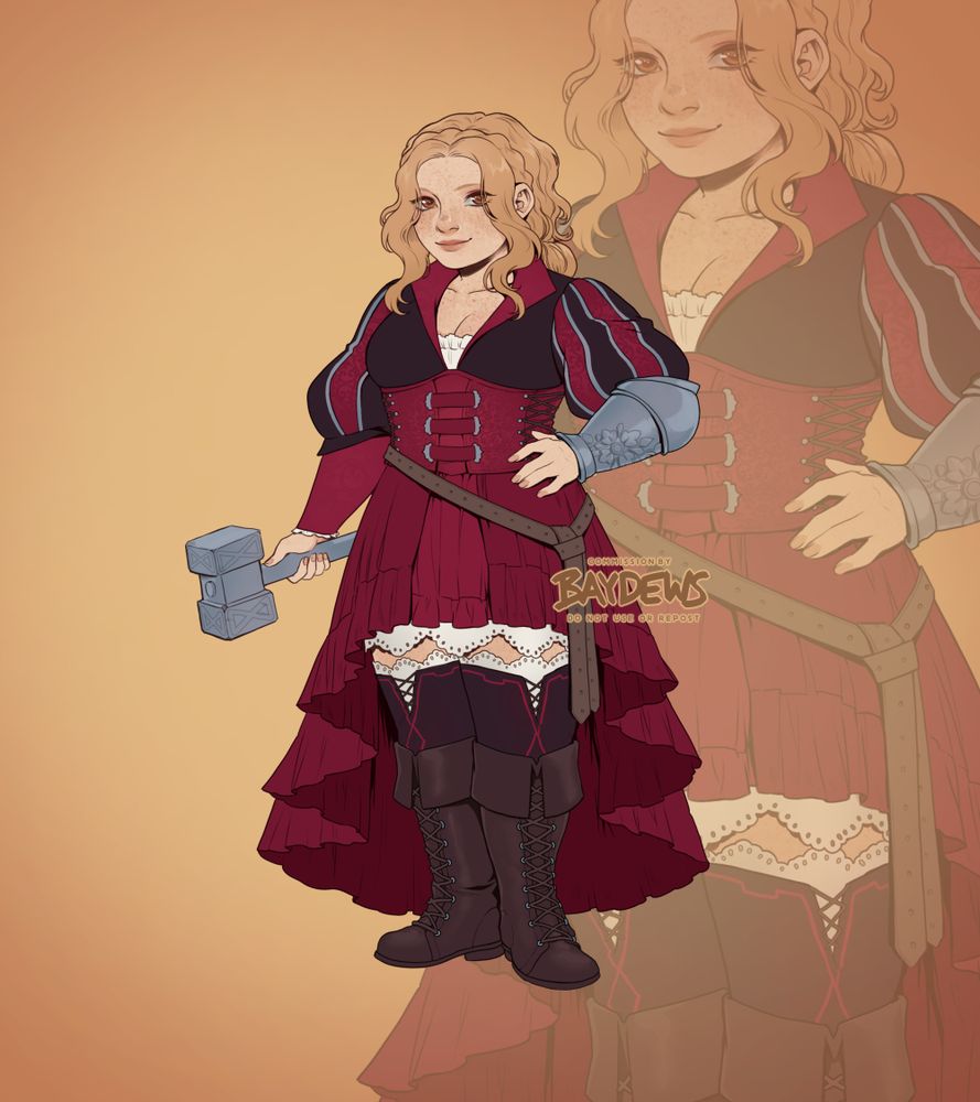 a dwarven forge cleric lady, hammer wielded in one hand while the other is on her hip. she has blonde hair, fair skin with many freckles, and wears deep and bright red clothing that consists of a ruffled skirt, corset, poofy sleeves and lace up boots.