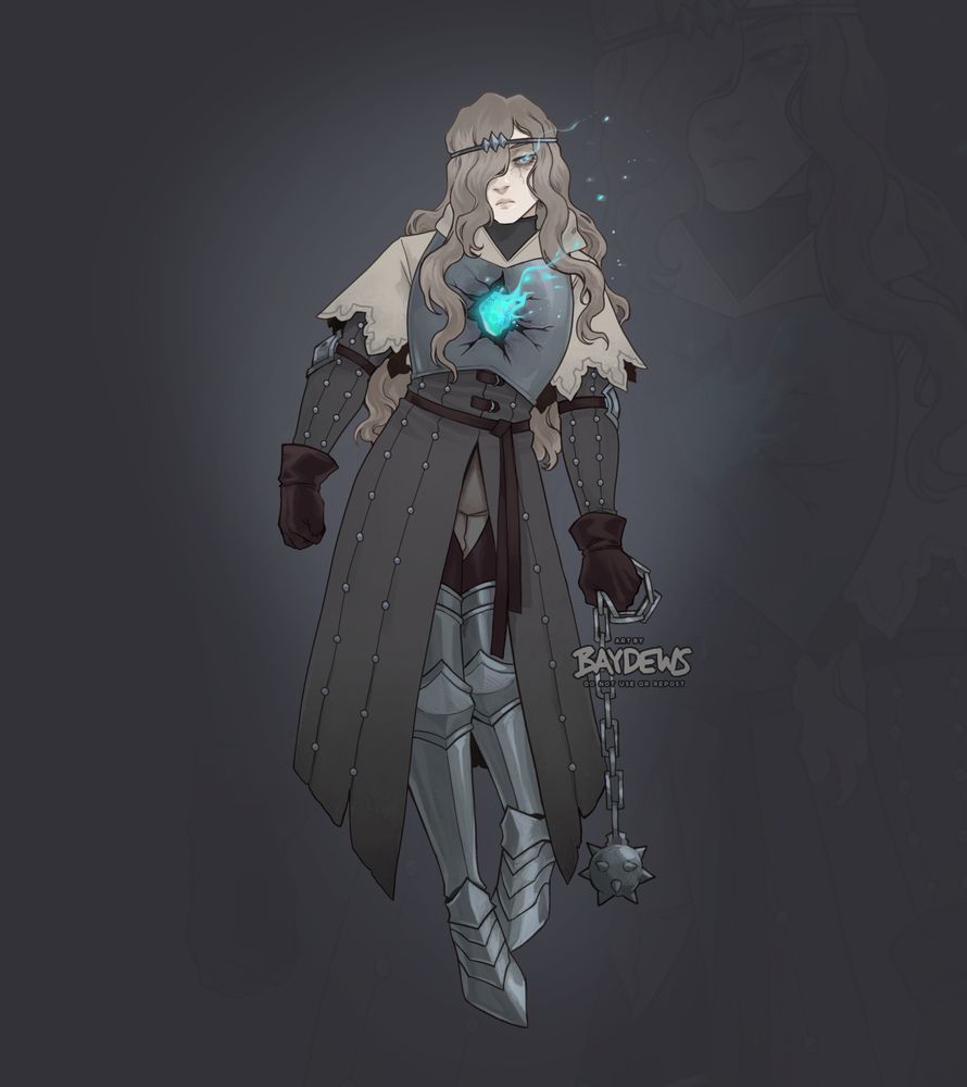characterdesign of a pale knight with long desaturated blond hair. they have a blue glowing eye and a large crack on their metal chestpiece, revealing a blue flaming undead heart. they wear a long studded gambeson in a faded grey color, metal leg guards with sabattons and wield a spiked flail