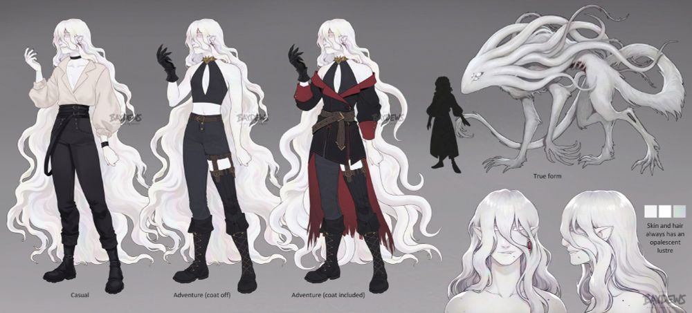 reference sheet depicting Ryllis, a pale opalescent changeling vampire beast, showing him in casual clothes wearing a baggy white shirt, black pants and black boots, showing an underlayer of his adventuring gear with a black croptop, cropped pants with a long grey stocking on the left leg held by a belt with knee-height lace up boots, then the same outfit with a long black coat with a charred and torn tail with red lining on the cuffs, collar and inside layer. he is shown in his tentacle beast form akin to a cross between a squid and a canine werebeast with three pairs of eyes, and a front-facing portrait with a profile shot next to it