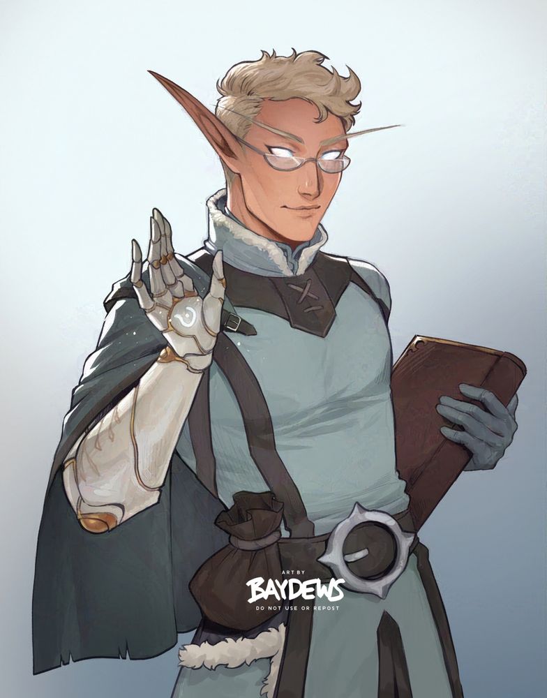 commission depicting a high elven archivist called Adyr - they have pale skin and white-blueish glowing eyes, and short cropped white-blonde hair. they have long pointy ears and wear a light mint coloured outfit uniform. their right arm is a prosthetic of white porcelain and golden joints, showing off a glowing white rune on the palm.
