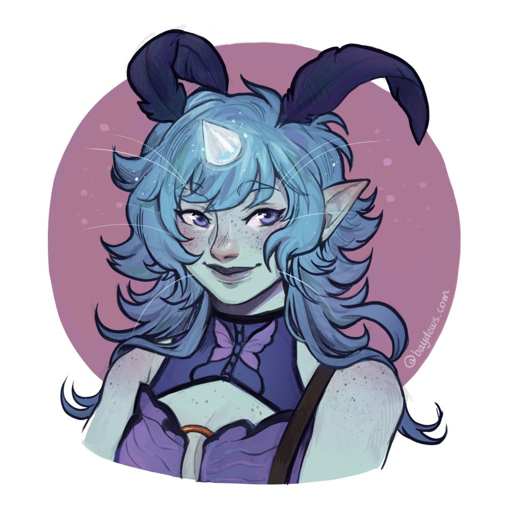 an agender fairy called Sydni - they have blue freckled skin with blue eyes and light blue hair. they wear a purple top in the shape of butterfly wings and have moth-like antlers on the top of their head