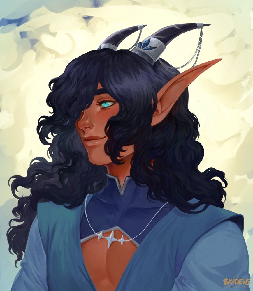 portrait of a dragon's humanoid visage depicting him as a tan, high elven looking person with sleek dark gray horns, long dark blue locs and long pointy ears. he wears an assortment of blue robes with a low cut over the chest. his teal blue eyes almost glow as he looks off camera with a satisfied smile.