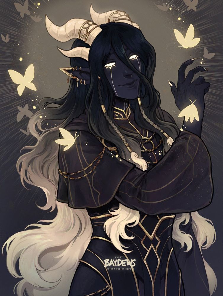 skeb style artwork of a character with deep blue skin and dark hair, ending in glowing yellow tips. his eyes are glowing, matching the stripe symbols running from the lower lid to his jaw and to his throat, and he wears dark blue robes adorned with golden patterns. he conjures several luminous butterflies and looks upon them gently, holding a finger out for one to invite it to perch