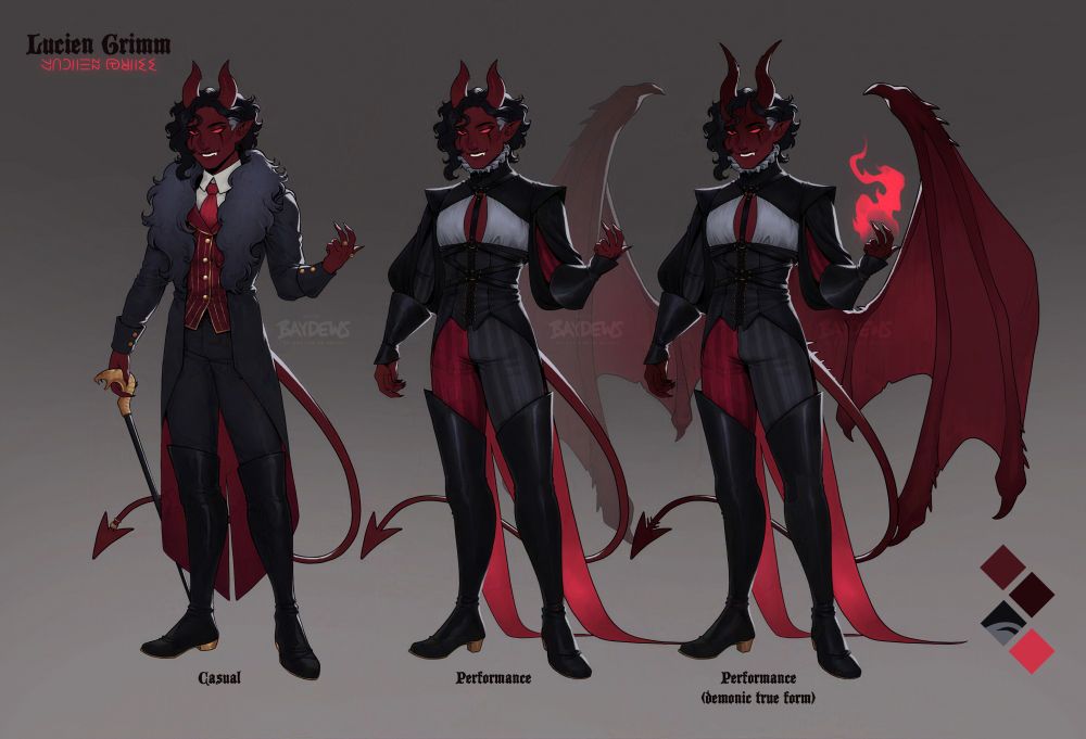 a reference sheet depicting Lucien Grimm, an infernal with black wavy hair, deep red skin, horns, an arrow tipped tail and glowing red eyes. the looks include him wearing luxurious finery and a show outfit, the third variant showing him with longer horns, an additional set of horns on his forehead and a set of dragon-like wings