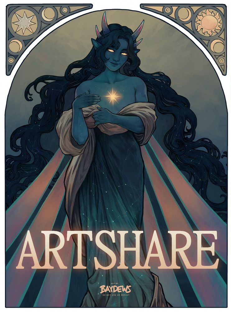 an art nouveau style piece depicting a god called Helios - he is a man with deep teal skin dotted with golden freckles, has a pair of golden eyes and a shiny star is embedded in his chest. his dark blue hair flows freely and is weaved with constellations, two pair of horns and three pair of wispy wings in a pink and orange hue come out from his head and back.