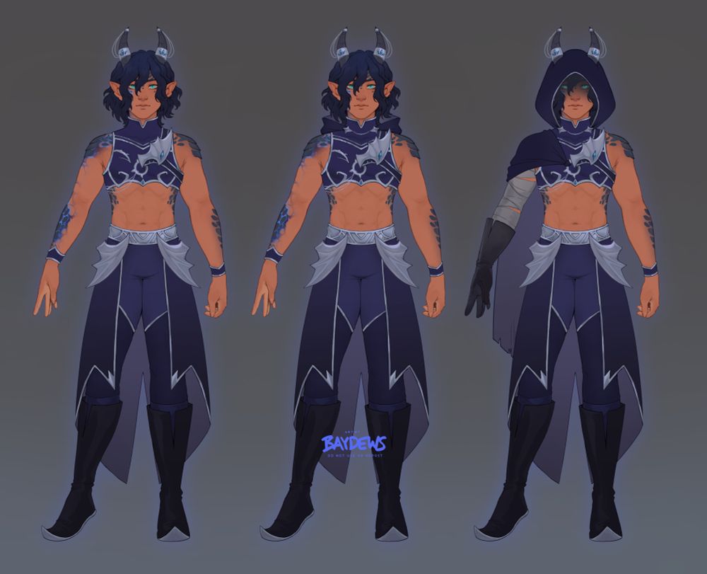 reference sheet depicting a humanoid visage dracthyr with tan skin, dark blue hair and scales, and striking blue eyes. he wears a blue outfit with a crop top, knee-high boots and silver decorations. there are signs of his physique being changed by his usage of void magic prominently around his scales, which glow with a bright blue beneath them, discoloring the skin into shades of black and purple with stars dotted on them.