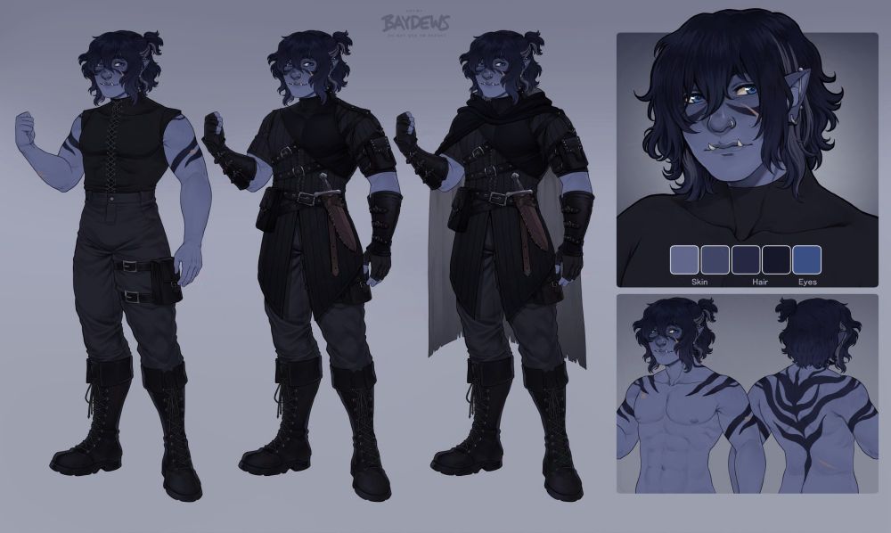 reference sheet of a half orc thief called Rog. he is tall and well-built in stature with blue skin and dark blue wavy hair that reaches just below the chin. he has dark stripes on his skin, fleckles across his cheek and shoulders, and has dark blue eyes. on the first variant he is shown in underwear, showing off his markings further that extend all the way down his spine akin to a tiger, several scars and chiseled muscles. for his gear, he wears a black lac eup vest, black pants and lace up boots, which he dresses over with leather belts, pouches, a short sleeve gambeson, a half-breast leather harness and dagger at his hip
