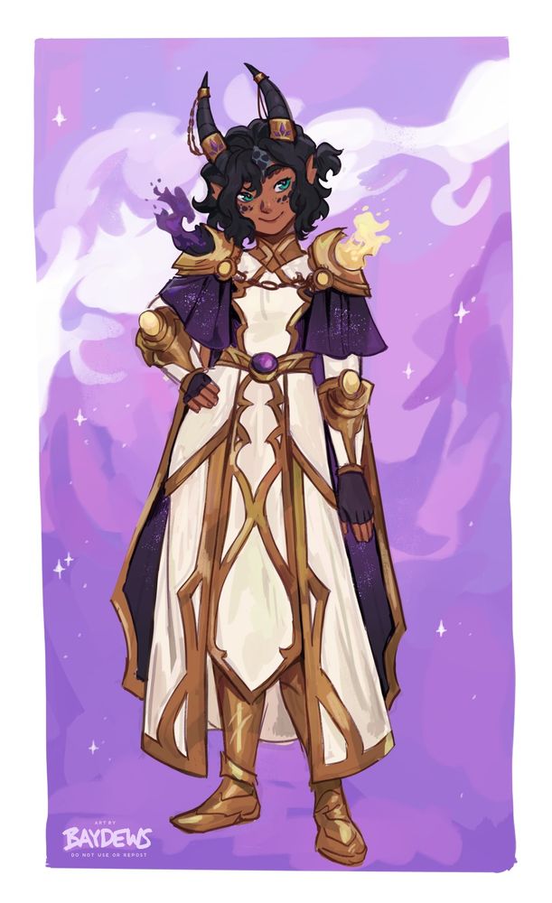outfit sketch of a dracthyr priest in his elven visage, wearing a long white robe set with golden trimmings, purple glimmering cloth under the shoulder pads and worn as a cape too. the shoulder pads blaze with purple shadow and golden holy energy