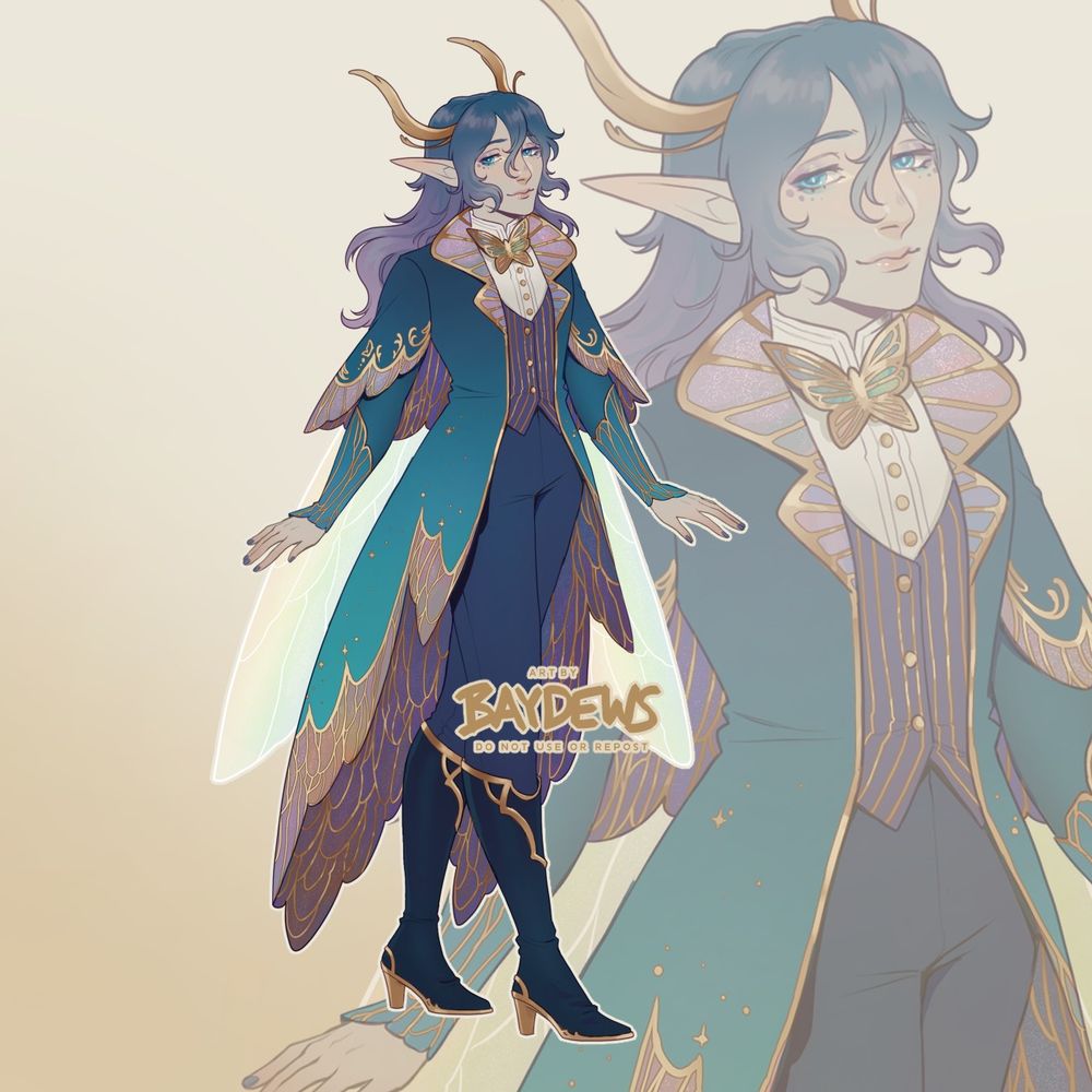character design of a faerie, wearing blue and purple clothes full of golden adornments resembling the shape and motif of a butterfly. they have translucent wings and blue hair that fades to purple.