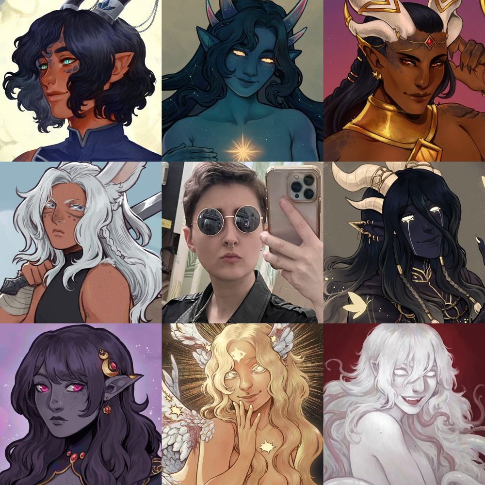 an art vs artist meme featuring the artist in the middle with 8 crops of various works featured around them