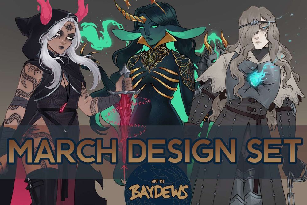 promotional image advertising an adoptable set for the month of march - the cropped image features a white haired enchantress with pupilless white eyes, black nood and robe with a snake tattoo coiling on both arms and her right thigh, the middle design is of a greentiefling wearing dark greens, complete with golden ornamental shoulderpads, a ribcage corset and a singular golden unicorn horn, and the third design is of an undead looking knight in armor with pale skin and dirty blonde hair - their chestplate is open with a heart-like bolt of magic burning where the organ should be