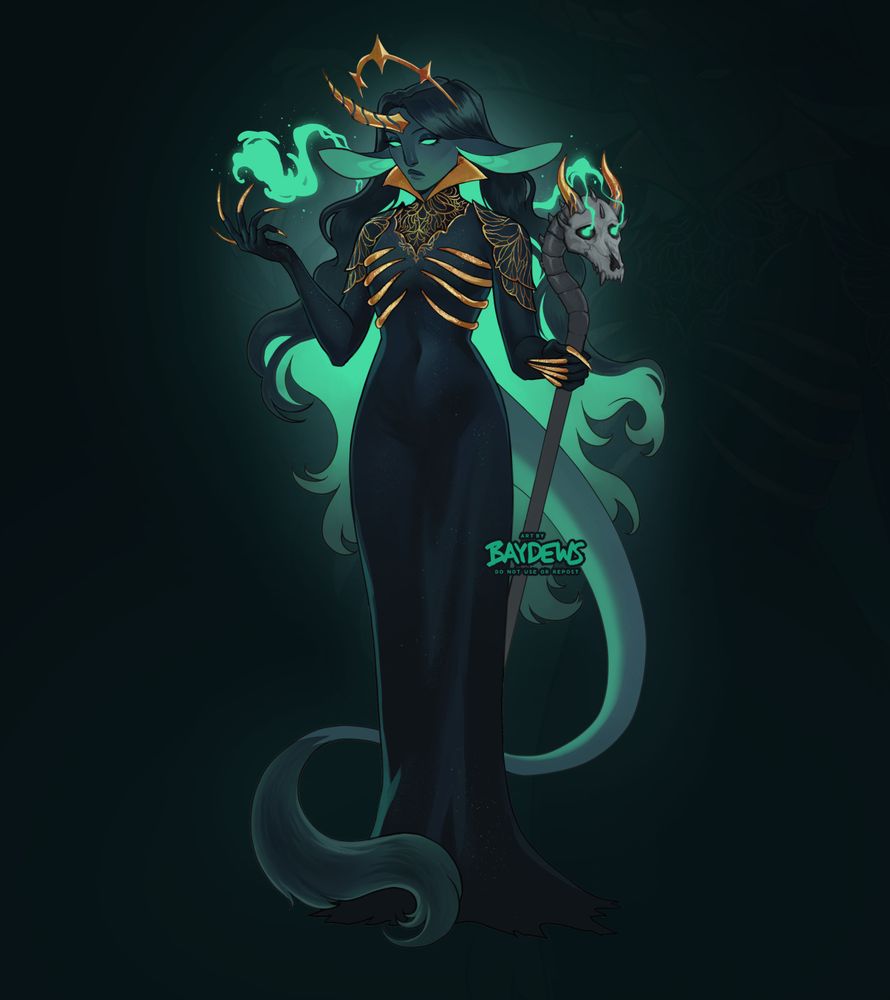 artwork of a tiefling-esque character with dark teals and vibrant greens. they have long, dark green hair with a glowing green underlayer, wear a long dark gown with a golden ribcage corset, have a single unicorn horn gilded with gold and wield a staff with a draconic skull on it.
