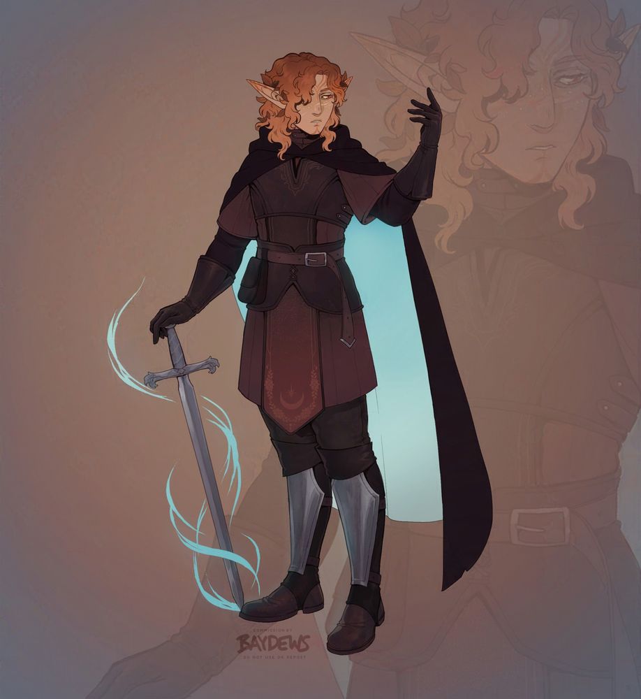 character design depicting an eladrin in autumn shades with red hair that fades into blonde, orange eyes and glowing freckles, he rests on a sword enveloped with blue magic that lines the inside of his cape, contrasting the generally brown and auburn leathers he wears for armor.