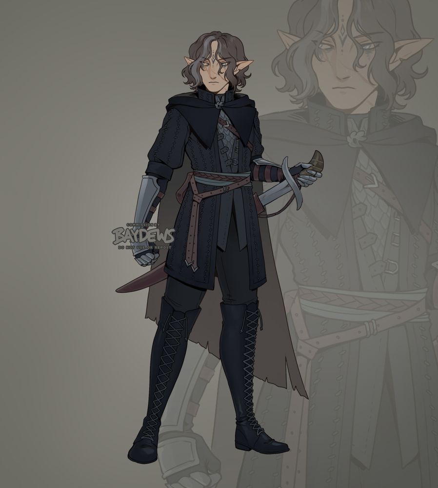 character design of a wood elf gloomstalker ranger. he has ashy brown hair with some lighter greying streaks, paled eyes and complexion and dark tattoos between the brows and on the forehead. he wears a mix of dark brown and black armor in multiple layers, posing as he is ready to draw a saber.