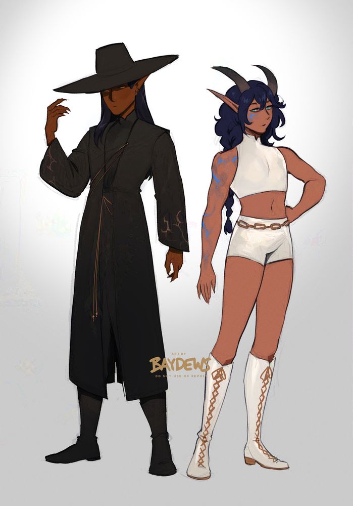 two characters redrawn in Jinu and Rumi's black and white outfits from Kpop Demon Hunters, Isilaithion, a black dragon in elven visage on the left, and Erihgos, a blue dragon in elven visage with horns on the right