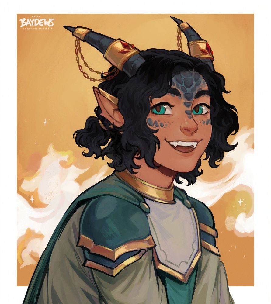 sketchy portrait of a dracthyr priest in his humanoid visage. he has tan skin, teal eyes and wavy black hair in a small ponytail. his horns are sleek and a dark greyish-blue hue along with his scales, and he wears a teal shade of the starter priest robes.