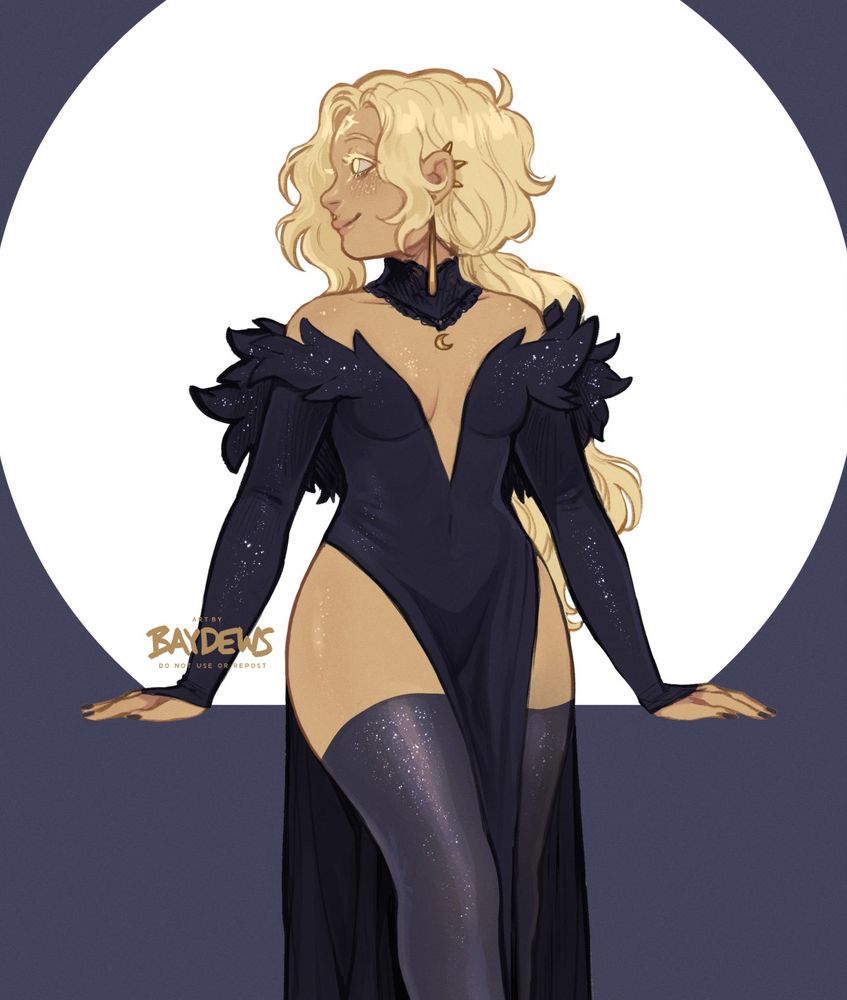 Paris, a celestial with golden skin and luminous wavy blonde hair wearing a low cutout dress in a dark blue color