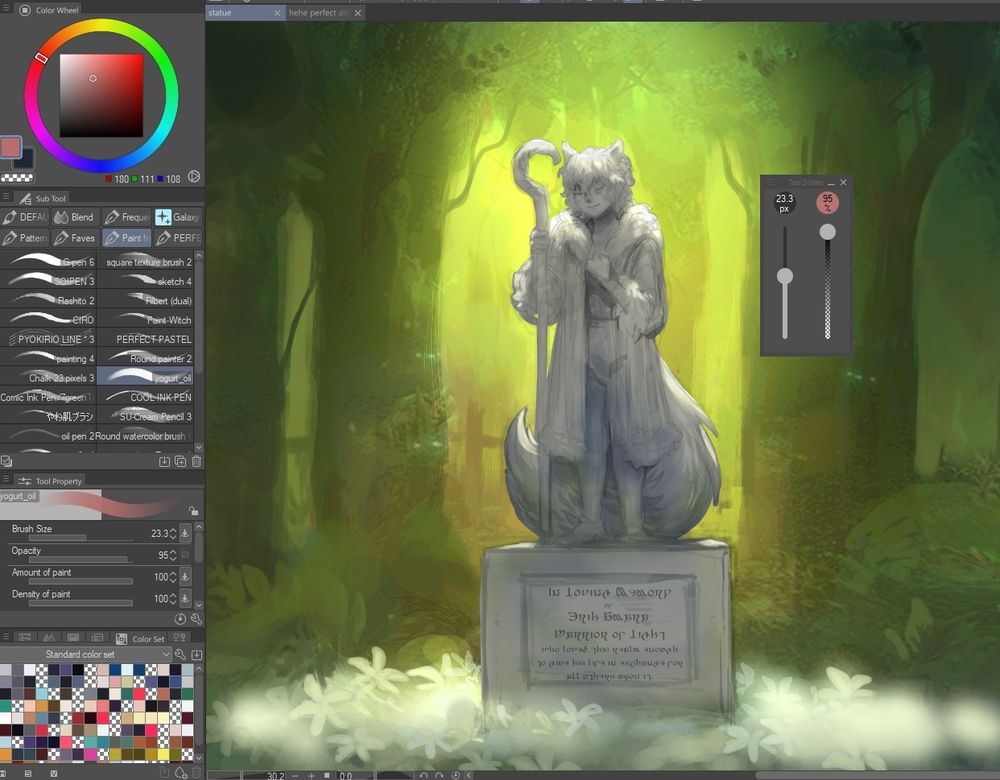 work in progress shot of a statue erected in a peaceful glade of white lilies in the memory of a fallen hero