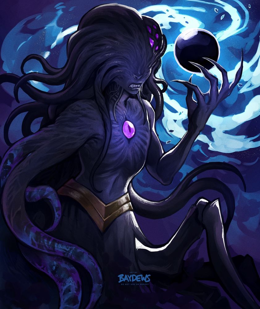 illustration of a dark, contorted void figure akin to a drider fused with a mindflayer with multiple eyes on its withered body and tendrils for arms and hair, wielding a dark void orb between its elongated left hand