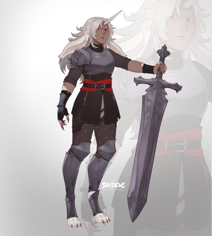 design of an almiraj inspired fleshwarp pathfinder character. they have tan skin, red eyes and light hair with white rabbit ears growing from the side of their head where humanoid ears would be, and a single horn on the middle of their forehead, bumpy and lumpy flesh signaling their existence being anything but natural. they wear brown faded leathers for armor - padded hose, undershirt and gambeson with a metal breastplate and pauldrons on the right shoulder, and leg guards going over their rabbit-like clawed feet.